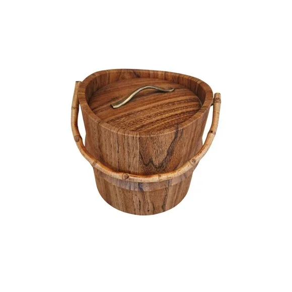Vintage MCM Kraftware Faux Wood Ice Bucket with Bamboo Handle Made in USA