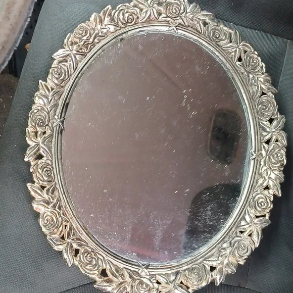 Vintage Vanity Dresser Oval Mirror Tray Metal Frame Great !