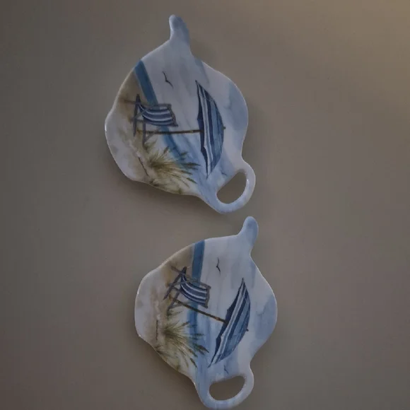 Pair Of Melamine Made In Italy Tea Bag/Spoon Holders Beach Theme