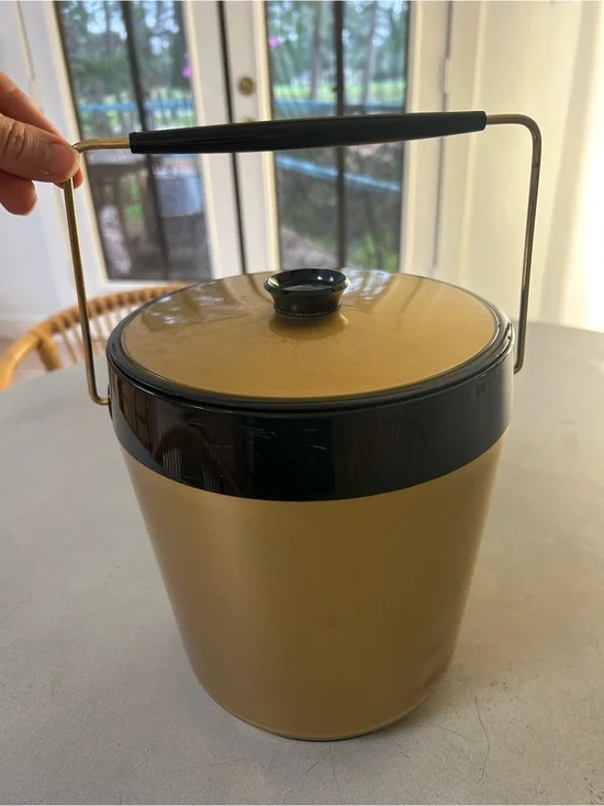 Vintage MCM Gold Black Ice Bucket Brass Handle Mid Century Modern Barware Retro