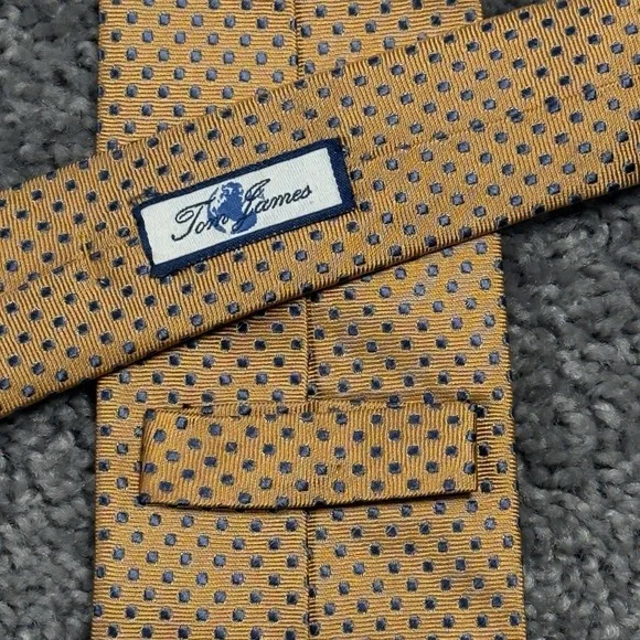 Tom James Mens Silk Necktie Gold Orange Woven Blue Dots