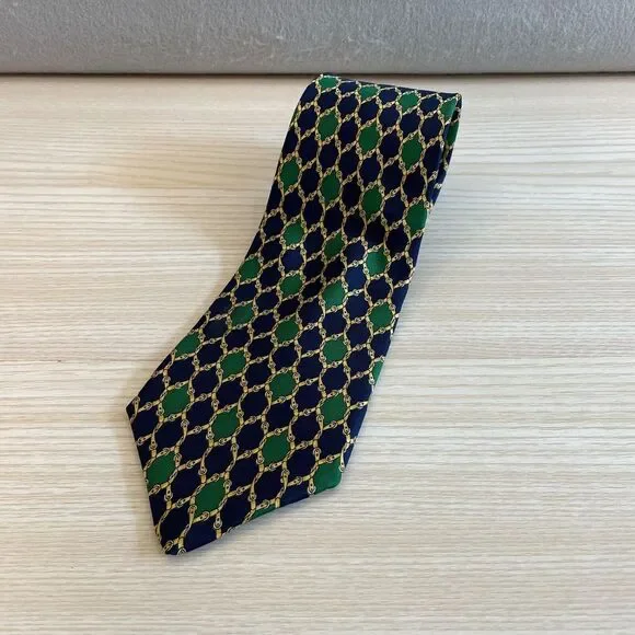 Bert Pulitzer Collectors Edition Silk Necktie Navy Green Gold Chain Link Pattern