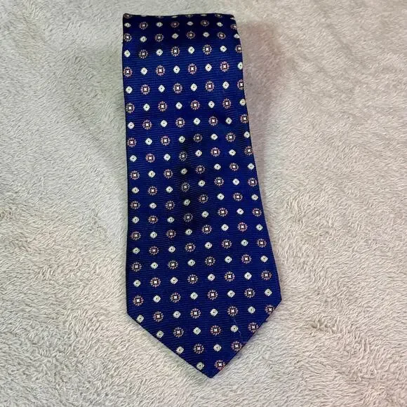 Roundtree & Yorke 100% Silk Tie Blue Geometric Pattern Classic Mens