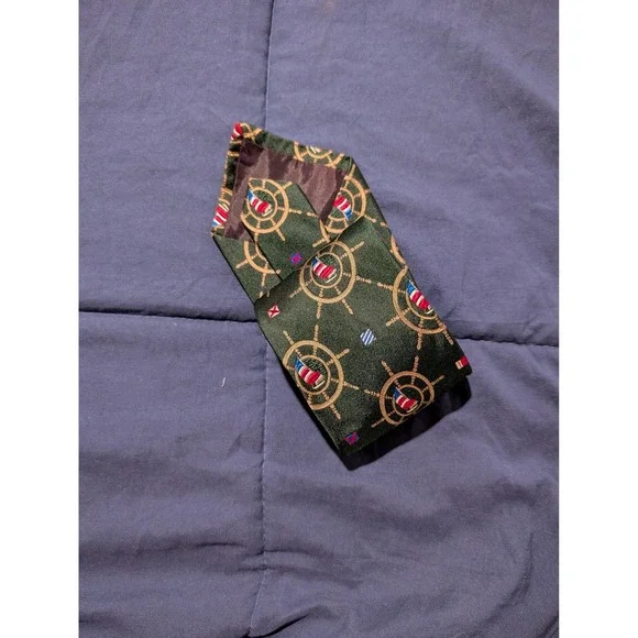 Polo Ralph Lauren Nautical Ship‎ Wheel Handmade Green Silk Tie Vintage 3.5x59