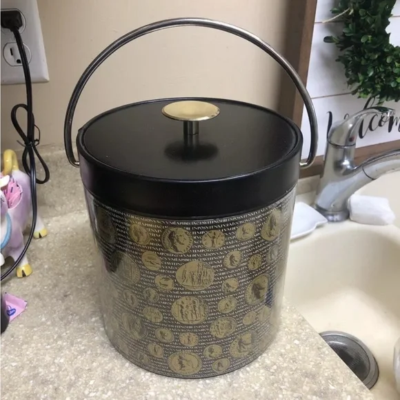 Thermo-Serve vintage ice bucket coins design black gold color theme bar ware