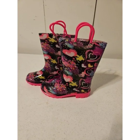 Little‎ Girl's Pink Rain Boots Colorful Heart Girls Size 9 New