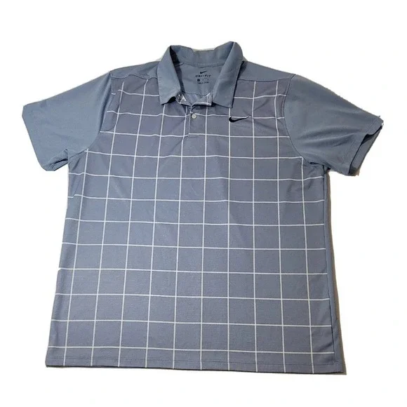 Nike Dri-FIT Men's Golf Polo‎ Large Blue White Check Performance Shirt