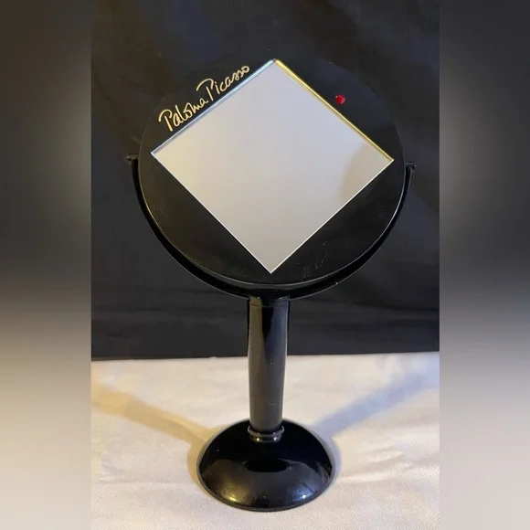 Vintage Paloma Picasso Black Plastic Vanity Mirror on Stand Red Rhinestone