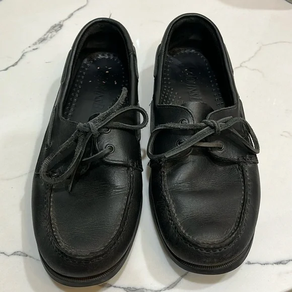 St John’s bay black leather boat shoes