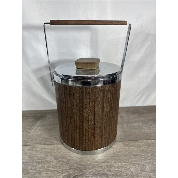 Vintage MCM 1960s Kromex Ice Bucket Faux Wood Grain and Chrome