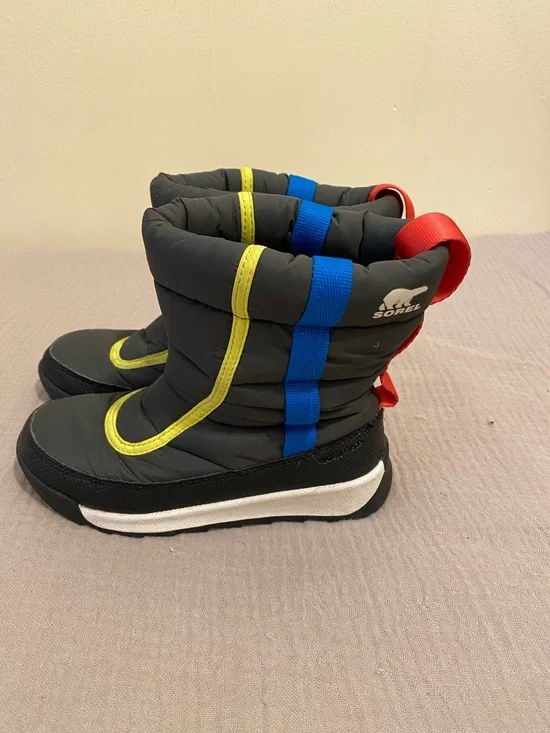 Sorel Kids Black Snow Boots with Yellow, Blue & Red Accents. Size 12