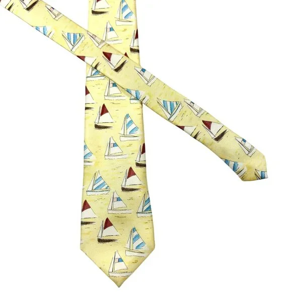 J. McLaughlin Yellow Sailboat Print Silk Necktie - 49.5