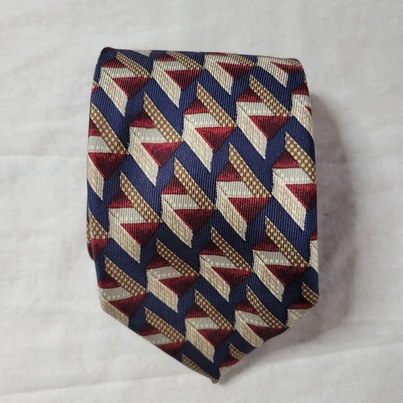 Hickey Freeman Mens Silk Tie Geometric Abstract Navy Burgundy Red Hand Sewn USA