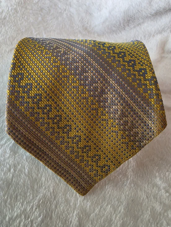 Jos. A. Bank Men's Silk Necktie Gold Blue Geometric Pattern Textured