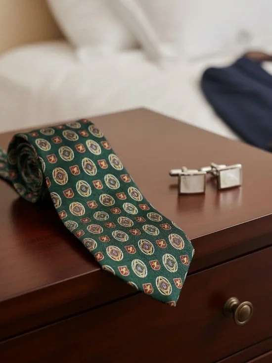 Valentino Style Italian Silk Green Medallion Tie