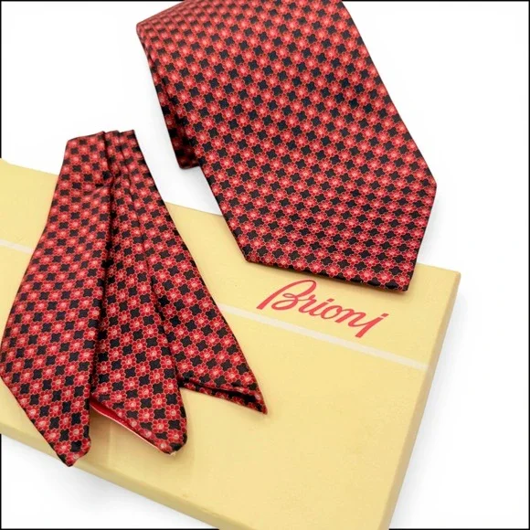 Brioni Micro Geometric Silk Tie Pocket Square Box Set Red Navy Italy Handmade XL