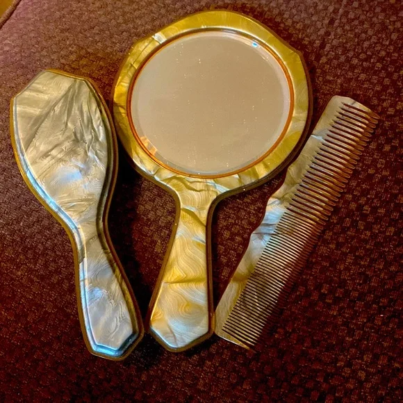 Art deco Vanity set brush mirror comb in bake light marbling style
