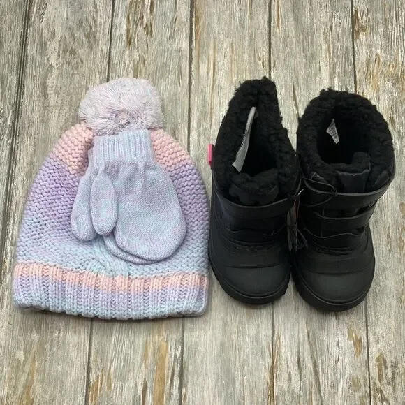 Baby Girl Warm Winter Boots & Hat With Pompom & Gloves Set Size 7