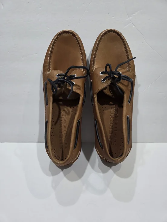Sperry Tan Leather Boat Shoes with Dark Navy Laces Sz.13M