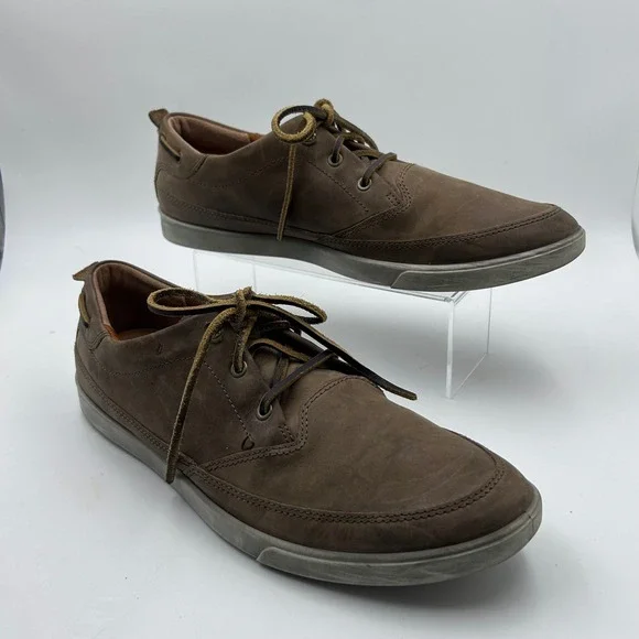 ECCO Boat Shoes Mens 47 Brown Leather Lace Up Casual Sneakers Preppy Coastal