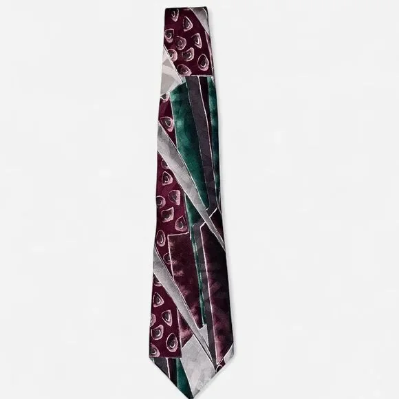 Burgundy Green and Grey Geometric 1980s J. T. Beckett Neck Tie