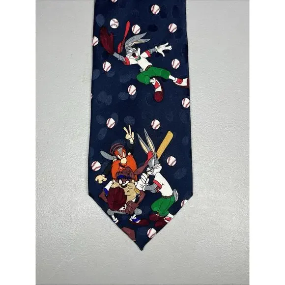 Vintage Looney Tunes Baseball Silk Tie Bugs Yosemite Tasmanian Taz Mens Necktie