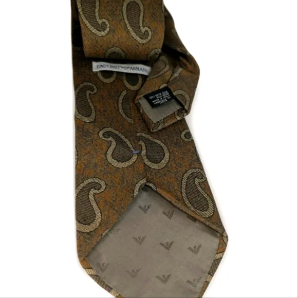 Emporio Armani Tie 100% Silk Made in Italy Brown Gold Paisley Luxury Designer