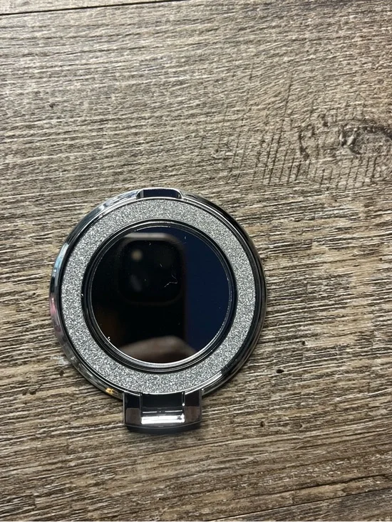 Glitter Silver Phone Ring Clip with Compact Mirror - Stylish Accessory
