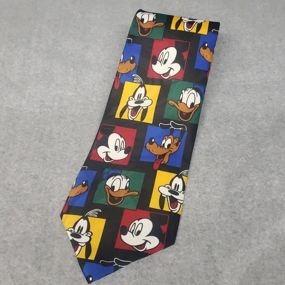 Disney Mickey Mouse, Donald, Pluto and Goofy Colorful Block Print Black Tie