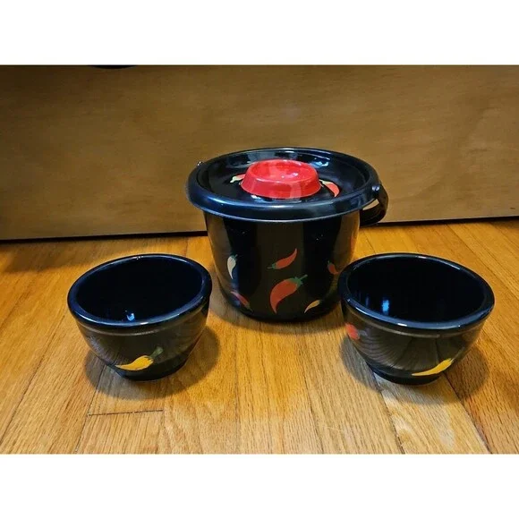 Vintage Y2k Black 4 piece Chip & Dip Serving Set Chili Pepper Design