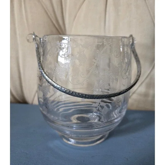 Vintage Depression Style Etched Floral Glass Ice Bucket With Metal Handle