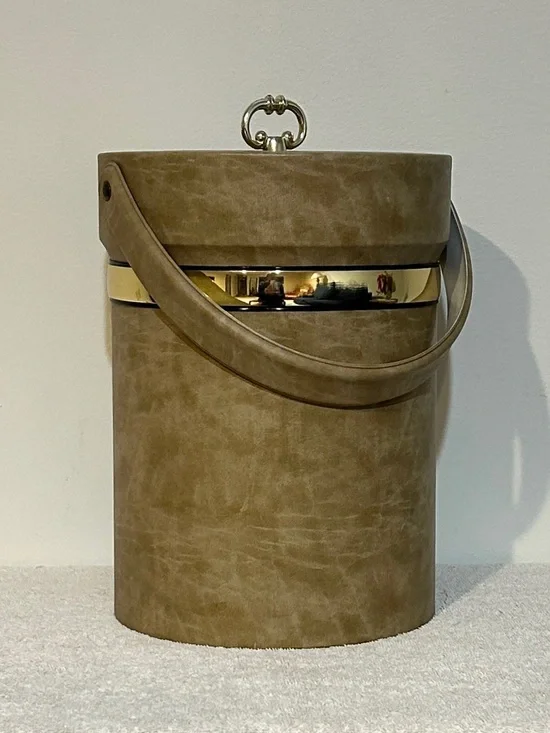 MCM Ice Bucket Lid Handle Bold Gold Tone Accent Band & Knob Insulated