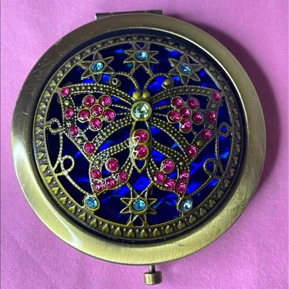 Blue butterfly metal double sided pocket mirror