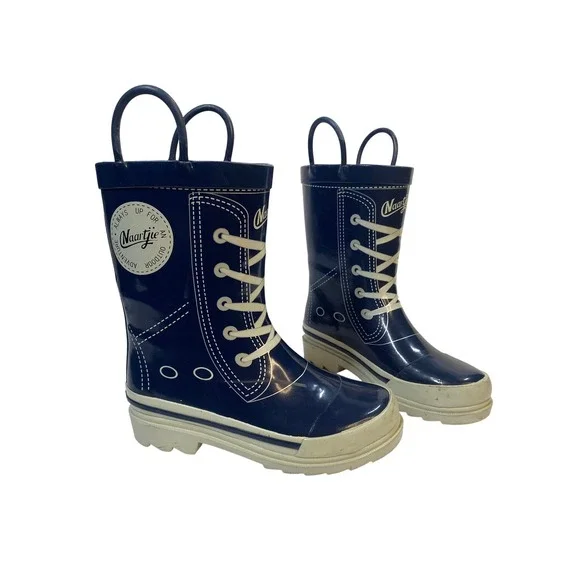 Naartjie Rain Boots Kids Size 12 Navy Blue Faux Lace Graphic Pull On Waterproof