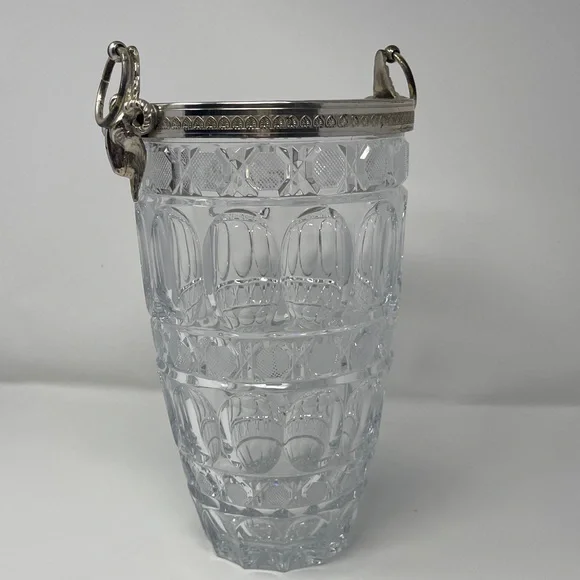 Glass champagne bucket. Oval & cross hatch detail with guilt metal ram handle