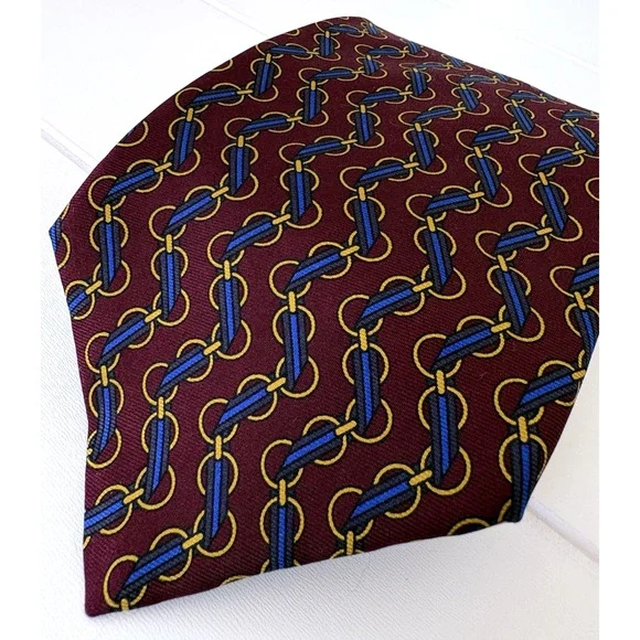 Ted Lapidus Silk Tie Made in USA Burgundy Blue Gold Chain Equestrian 3.75