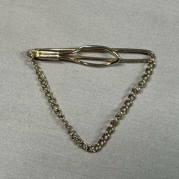 Vintage‎ Gold Tone Tie Bar Clip w/ Chain Mid-Century Men's Accessory Retro