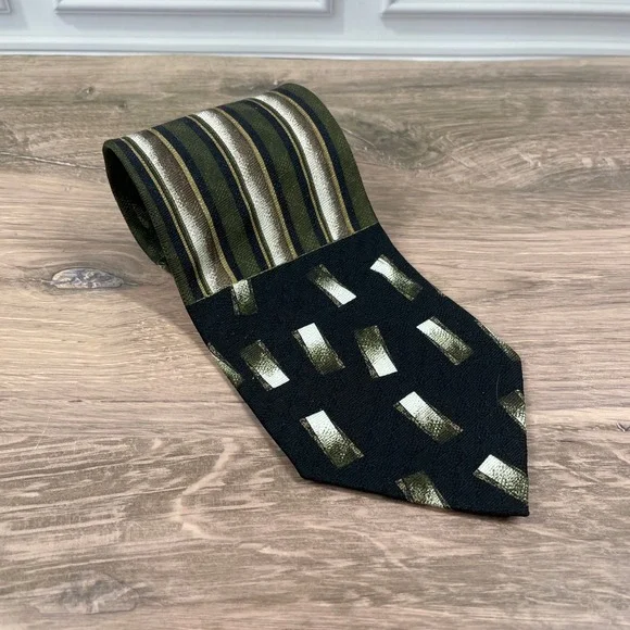 J Biades & Co Mens Necktie Green Black Striped Geometric Silk Hand Made USA