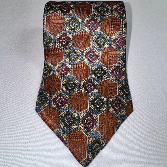 Oscar de la Renta Mens Silk Tie Brown Green Geometric Honeycomb Medallion USA