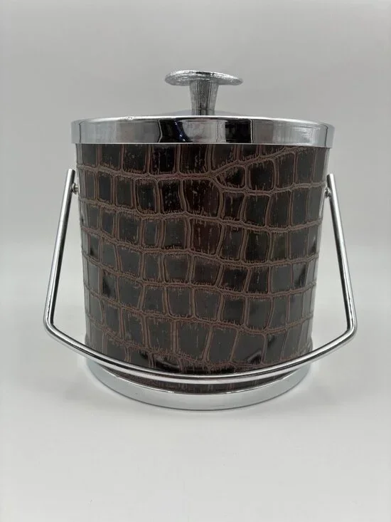 VTG MCM Serv-Master Creations Brown Faux Alligator Croc Ice Bucket Chrome Handle