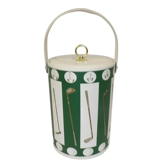 Vintage Golf Theme Insulated Ice Bucket Green White Clubs Mid Century Barware