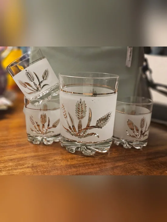 DeValBor Italian Frosted Gold Leaf Wheat Pattern Ice Bucket 3 Glasses Vintage