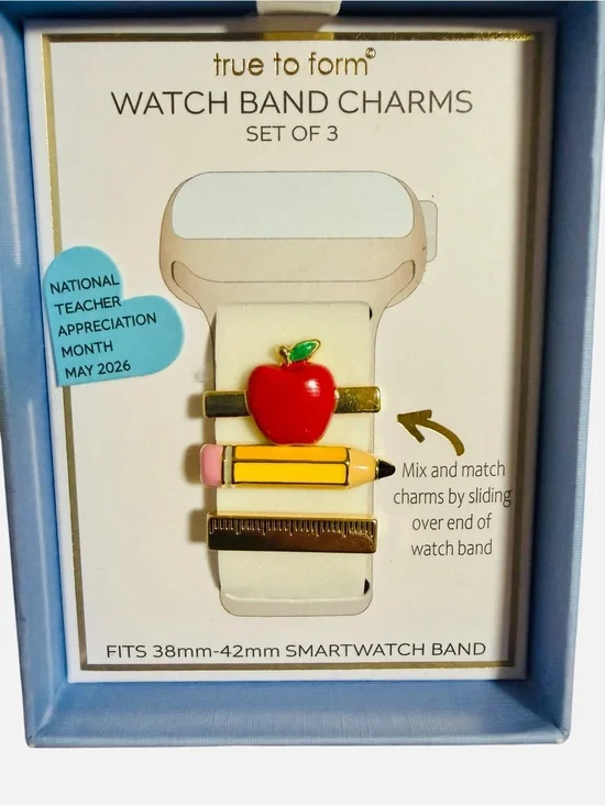 Teacher-Themed Smartwatch Band Charms Set - Red Apple & Yellow Pencil w/Gift Box