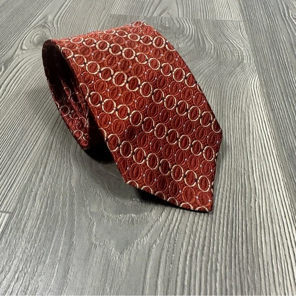 Jos. A. Bank Rust Orange Silk Tie Italy Made Yellow Geometric Circle Pattern 59”