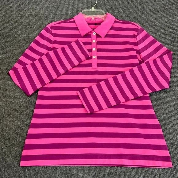 NIKE Golf Dri-Fit Women's Polo Shirt Medium Long Sleeve Pink Purple Rugby Stripe