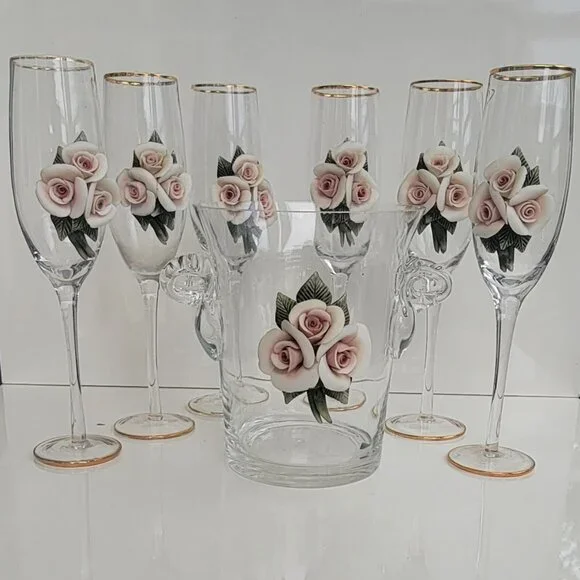 Vintage Champagne Flutes Glasses with Applied Flower Wedding