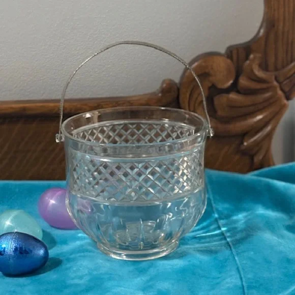 Vintage Diamond Cut Crystal Ice Bucket with Hammered Metal Handle