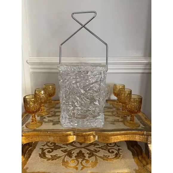 Vintage MCM Lucite Ice Bucket Ice Block Textured Acrylic Chrome Handle Barware