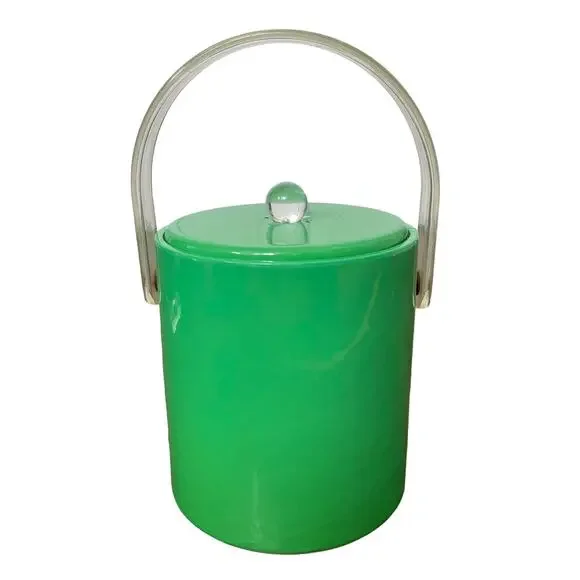 Mid Century Ice Bucket Lucite Handle & Knob Green Padded Vinyl Vintage FLAW