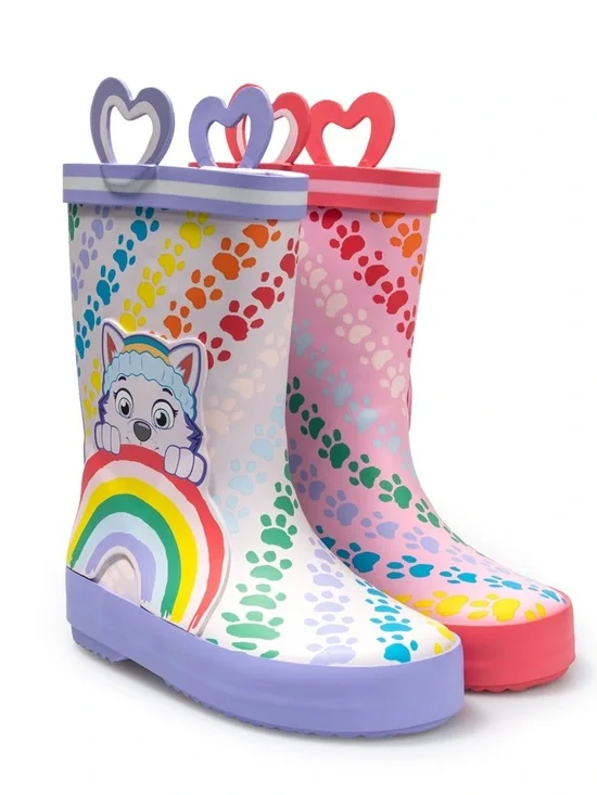 Kids Rainbow Paw Print Rain Boots with Heart Handles